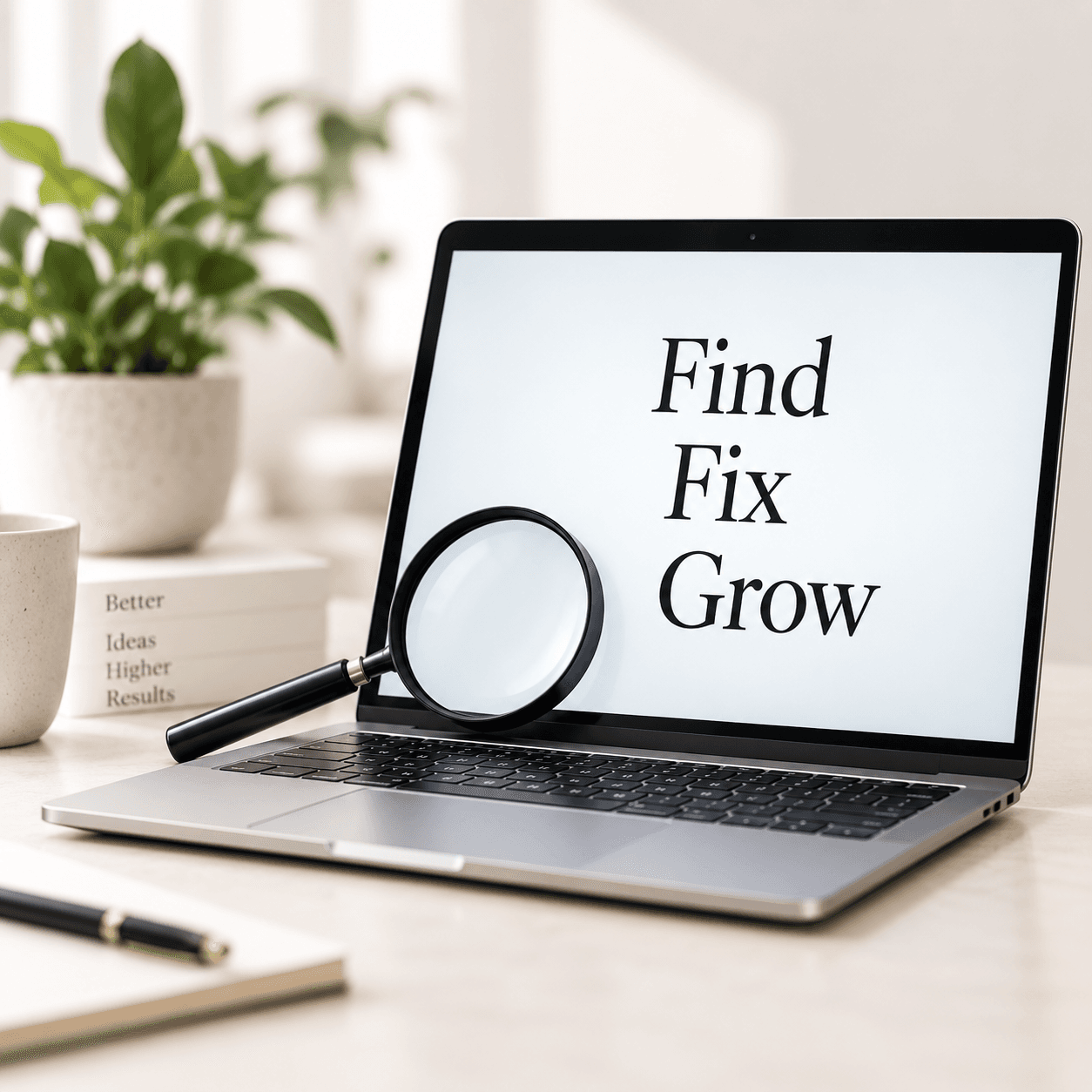SEO audit visual showing find, fix and grow