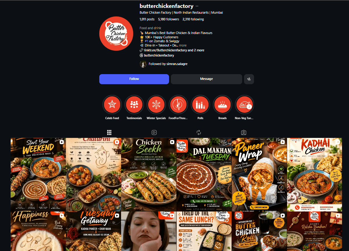 Butter Chicken Factory Social Media Marketing work